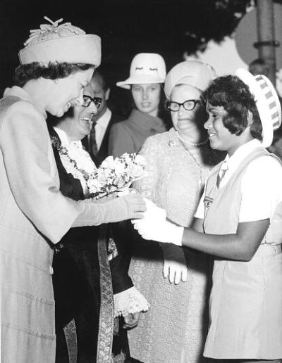 Queen Elizabeth II receives a bouquet from Colleen Glass at Civic Park, Newcastle | Newcastle Region Library