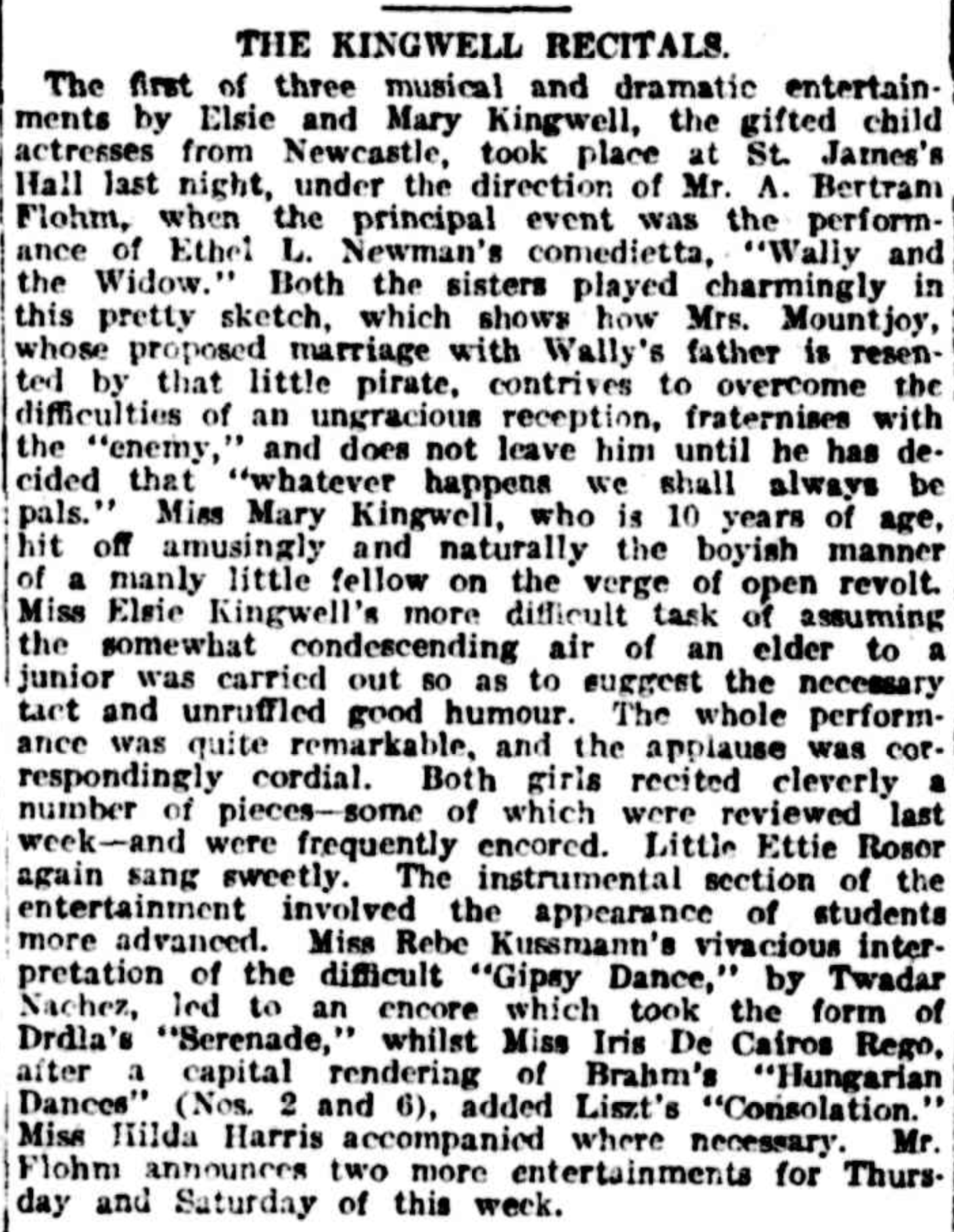 Article re The Kingwell Recitals - Sydney Morning Herald 5 June 1907