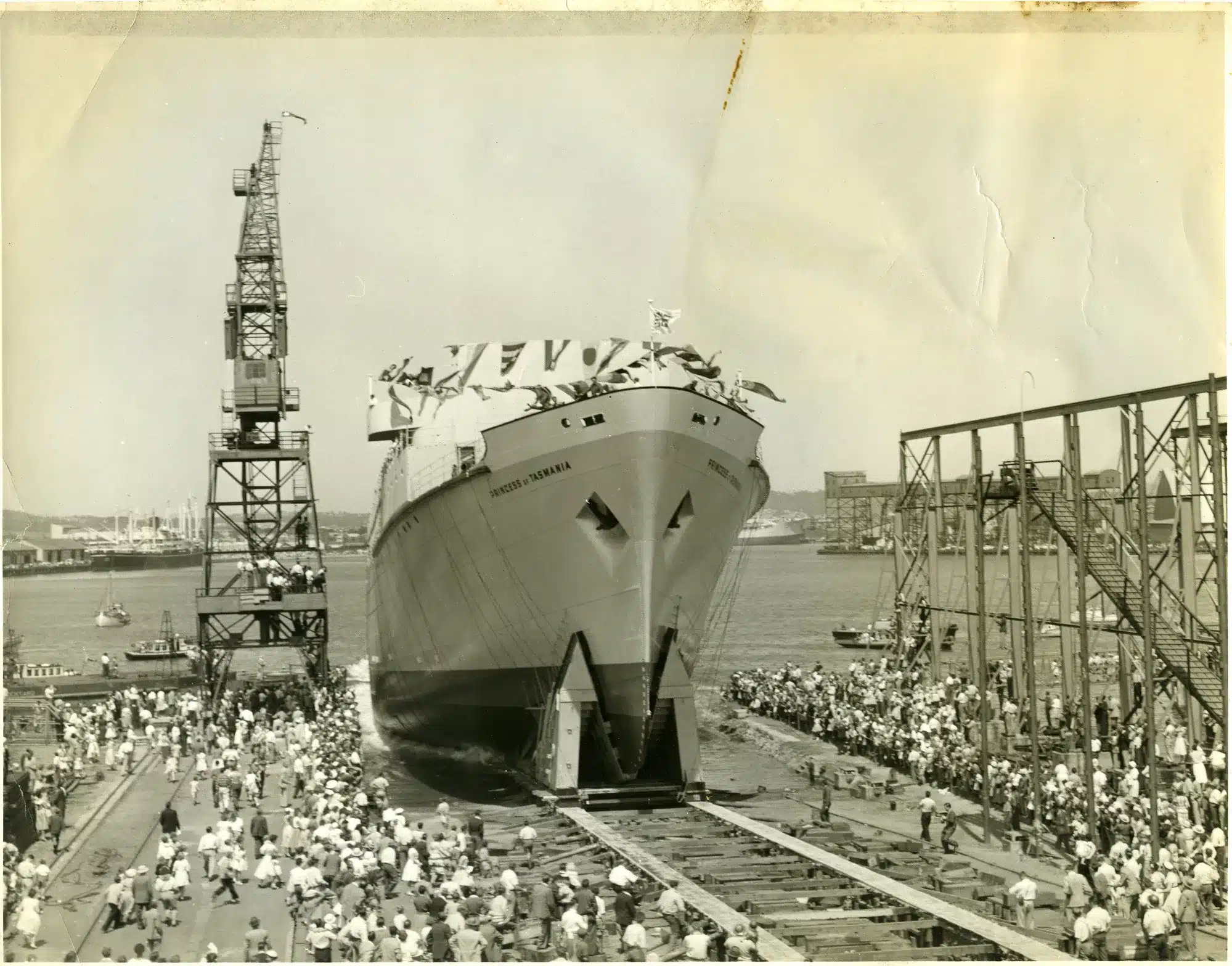 People watching the launch of the Princess of Tasmania at the State Dockyard in Newcastle. Image - University of Newcastle Special Collections. 