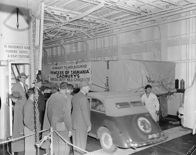 Truck carrying Cadbury's chocolate from Hobart to Melbourne on board the Princess of Tasmania. Image - Museums Victoria. 