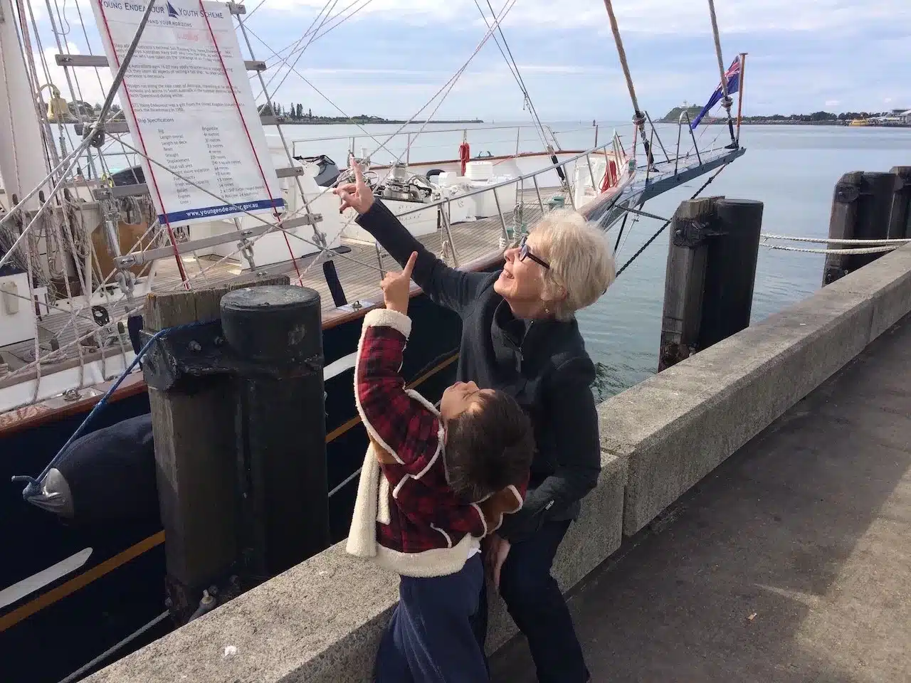 Ruth with grandson Cass at Newcastle Harbour, 2016. ‘My grandchildren light up my life’, she writes.