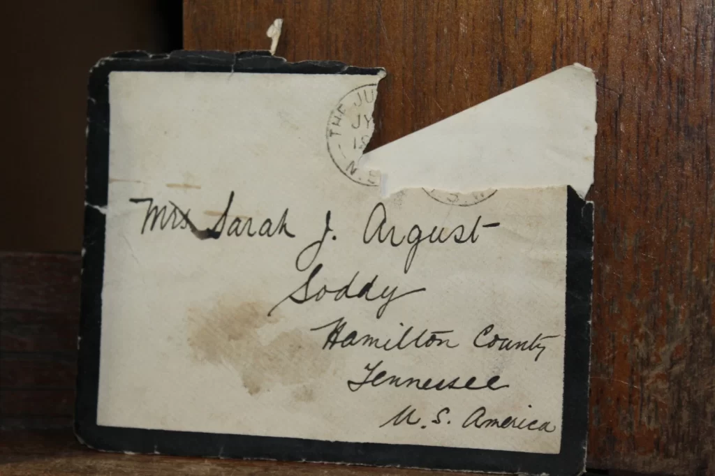 Envelope of letter to Sarah J Argust in the US