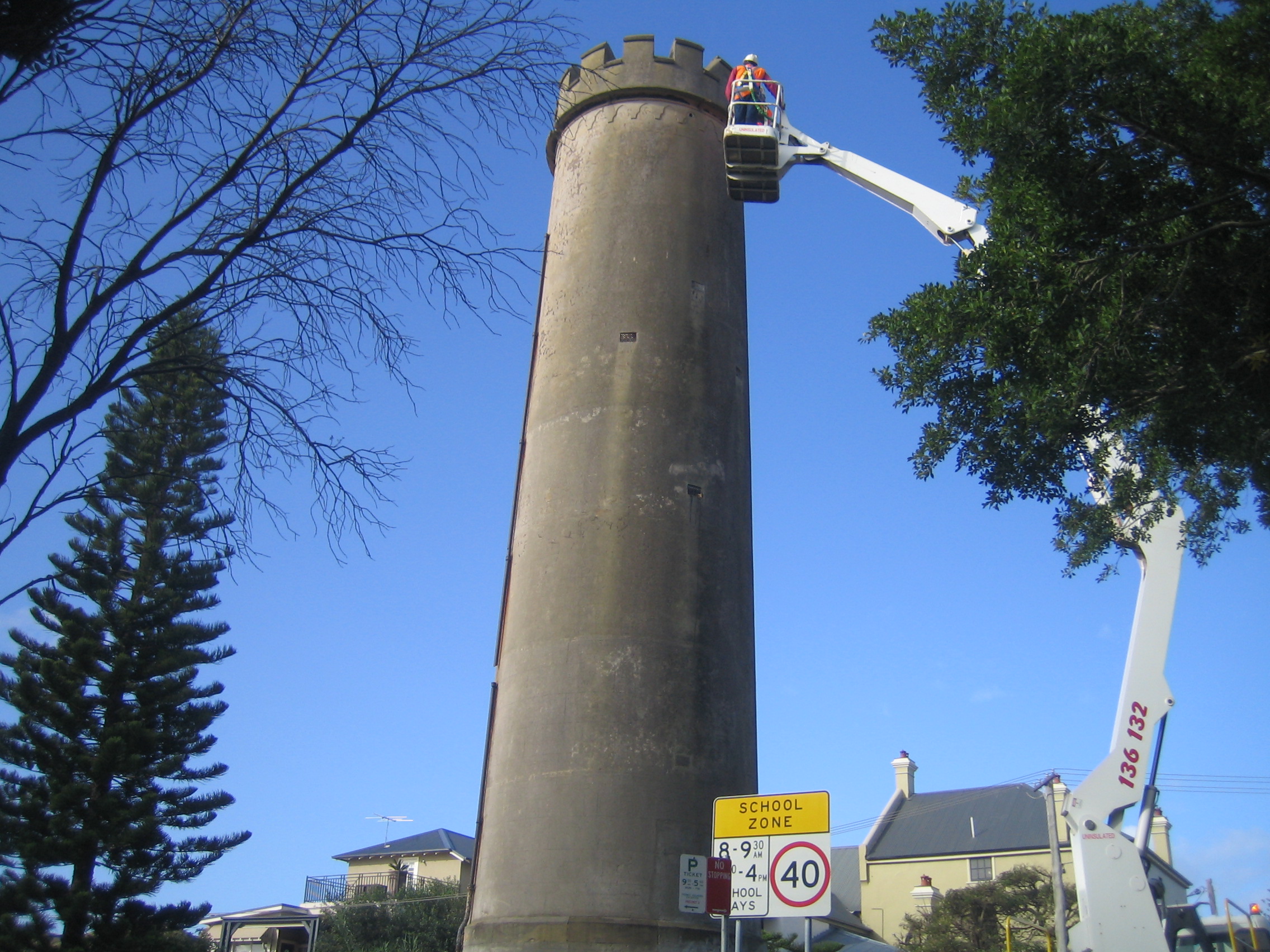 The remaining leading light tower undergoing checks by City of Newcastle staff. 