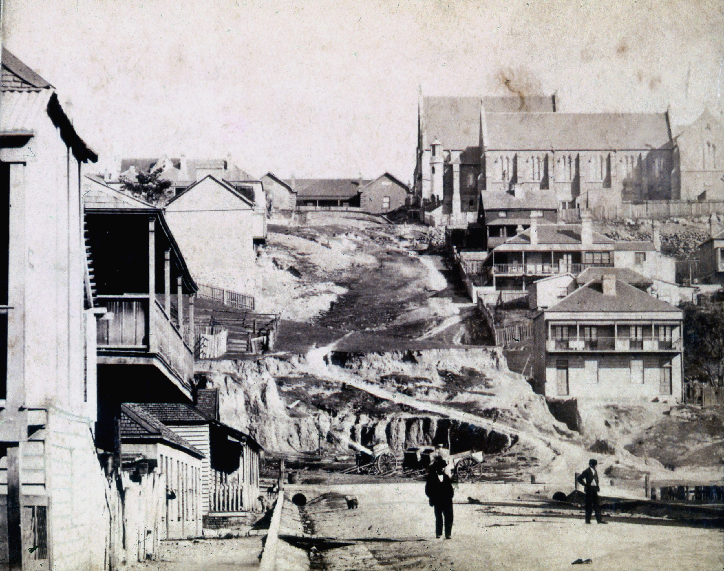 Early photograph of Perkins Street Newcastle looking uphill toward The Hill, post-1866.