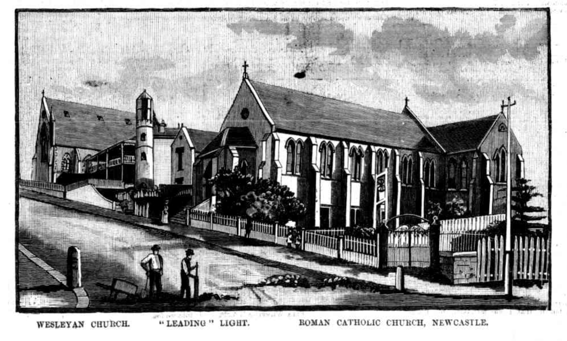 St Mary's Star of the Sea Church and Leading Light Tower Perkins Street | Sydney Mail engraving 1894 [Trove] showing the lower of Newcastle's two leading light towers demolished in 1933.