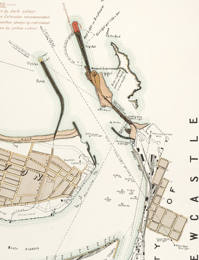 Detail of 1911 map showing the path to be taken by lining up the two leading lights.
